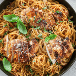 bruschetta chicken pasta in a cast iron pan with fresh basil on top