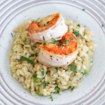 shrimp asparagus risotto in a white bowl