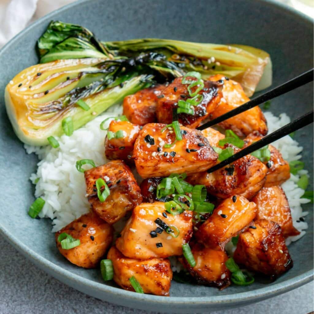 Miso salmon bites over rice with Bok choy.