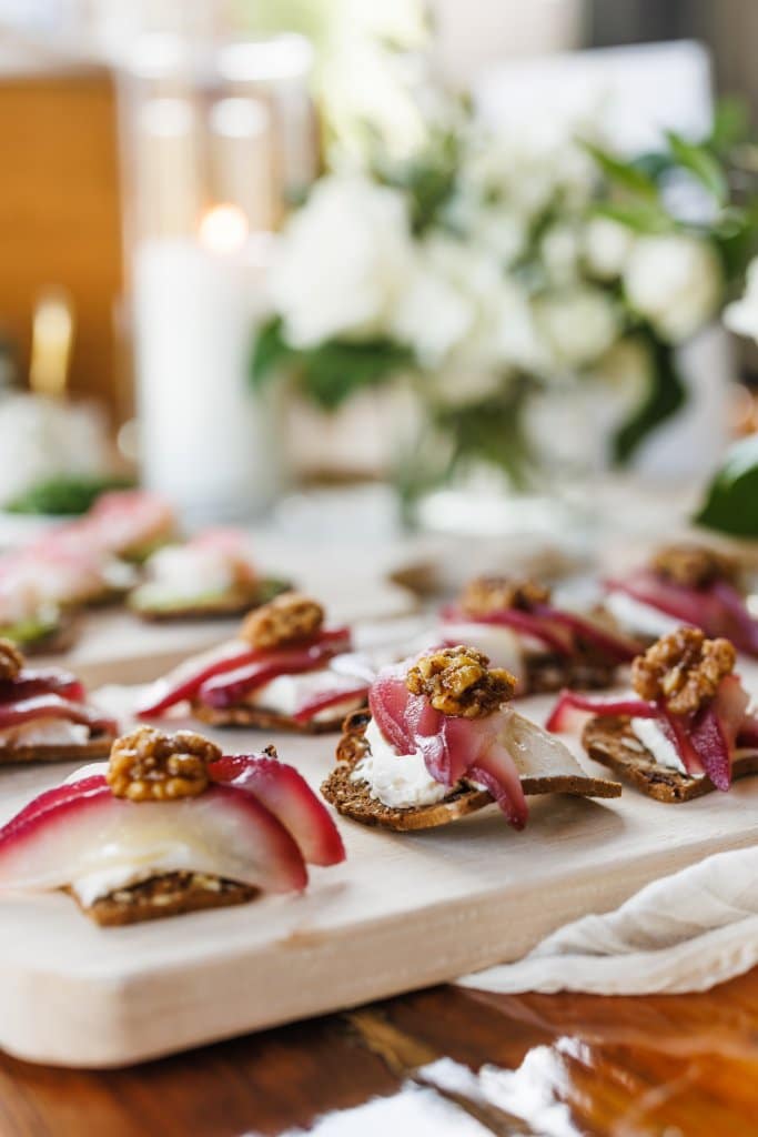 poached pear, cheese, and crackers.