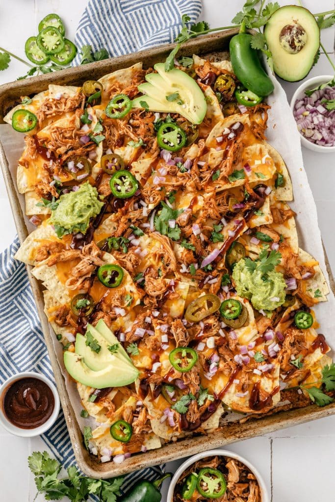 overhead view of colorful BBQ chicken nachos