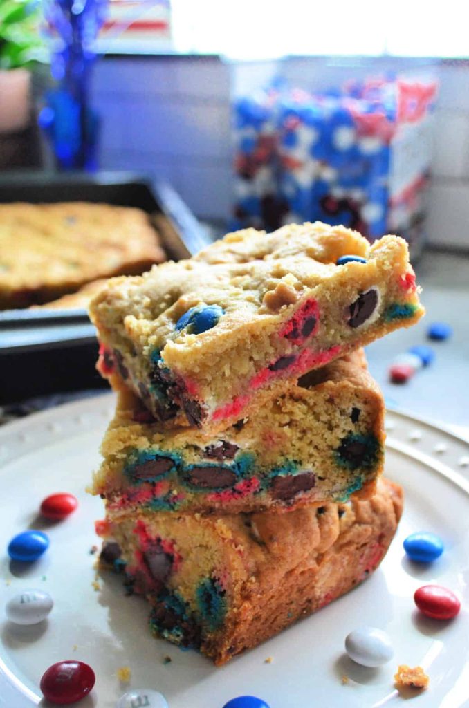 stack of red white and blue M&M cookie bars