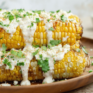 air fryer corn on the cob close up with cotija cheese and cilantro on top