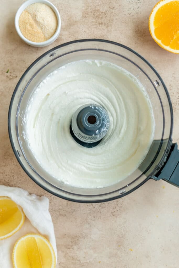 whipped cottage cheese in a food processor and sliced lemons on the side.