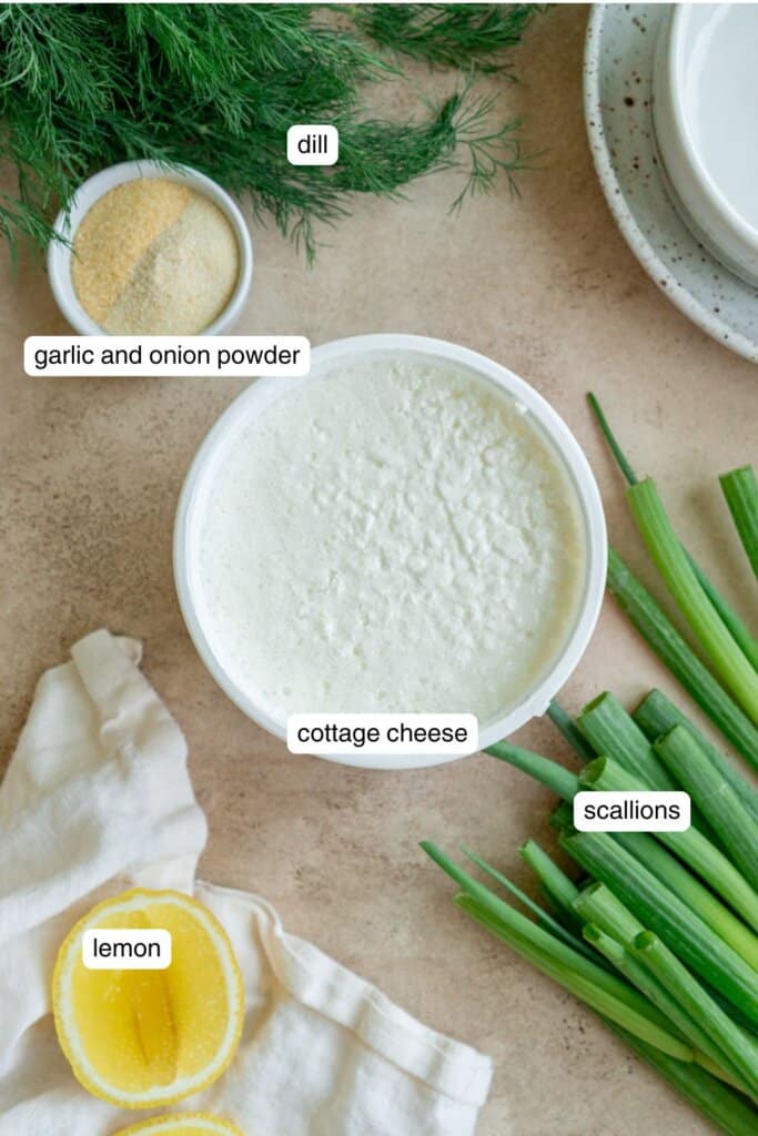 cottage cheese, scallions, lemon, dill, and garlic powder in small ingredient bowls.