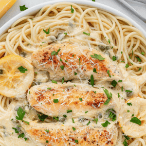 lemon piccata sauce on chicken with pasta