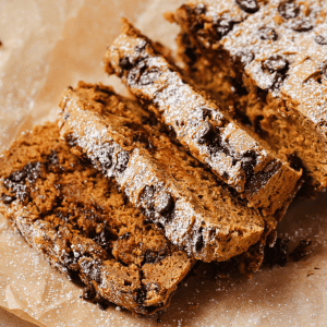 2 ingredient pumpkin bread sliced with powdered sugar on top