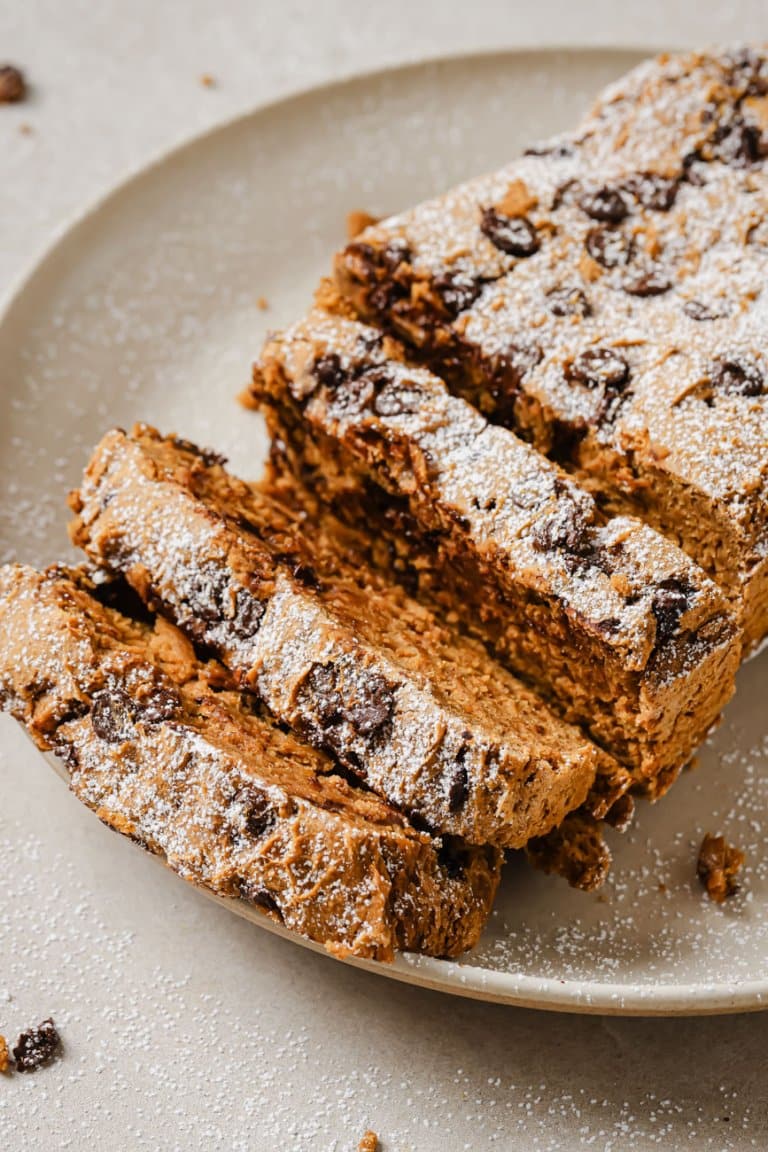 2 ingredient pumpkin bread sliced on a plate