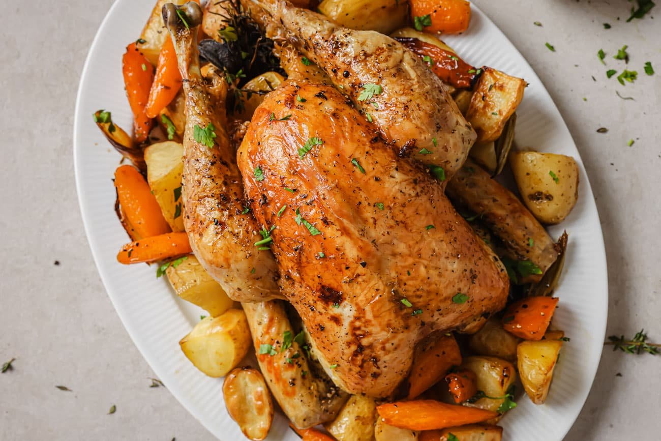 Whole Roasted Chicken with Potatoes (One Pan Recipe) - Foolproof