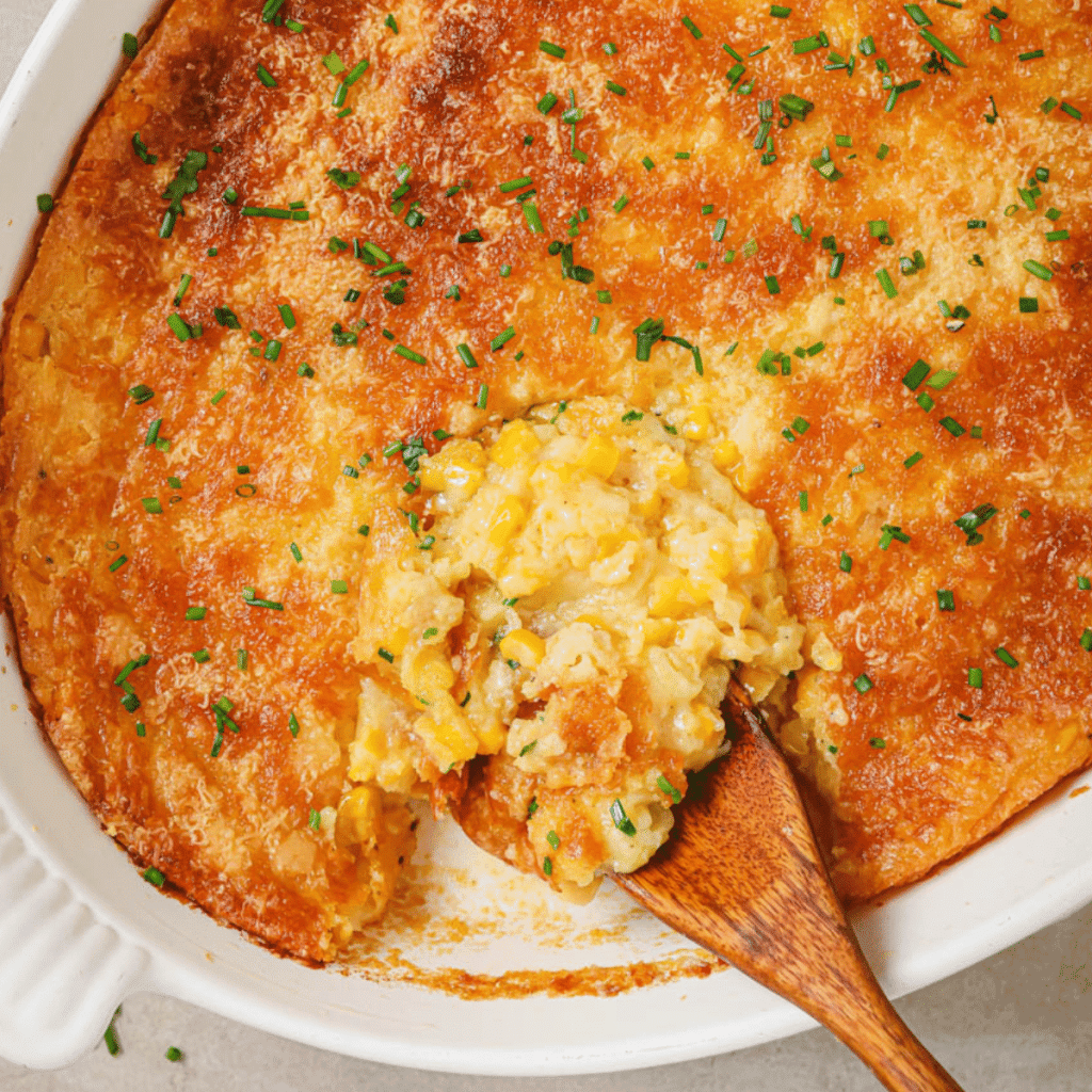 Corn casserole in a white baking dish with a wooden spoon.
