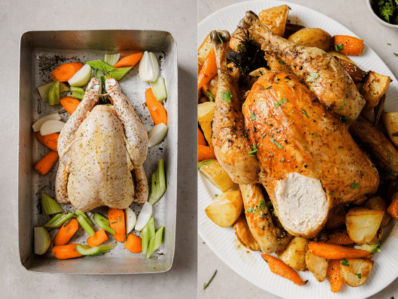 two images side by side of a whole chicken in a pan uncooked and a cooked slow roasted chicken on a platter with vegetables