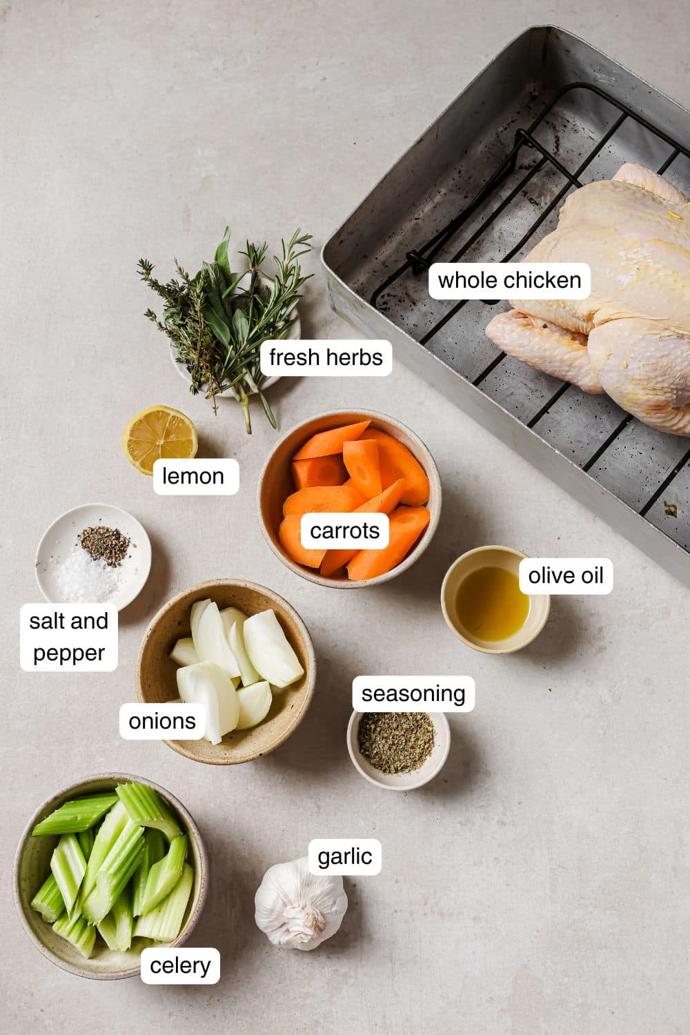 Portioned ingredients for making a slow roasted chicken.