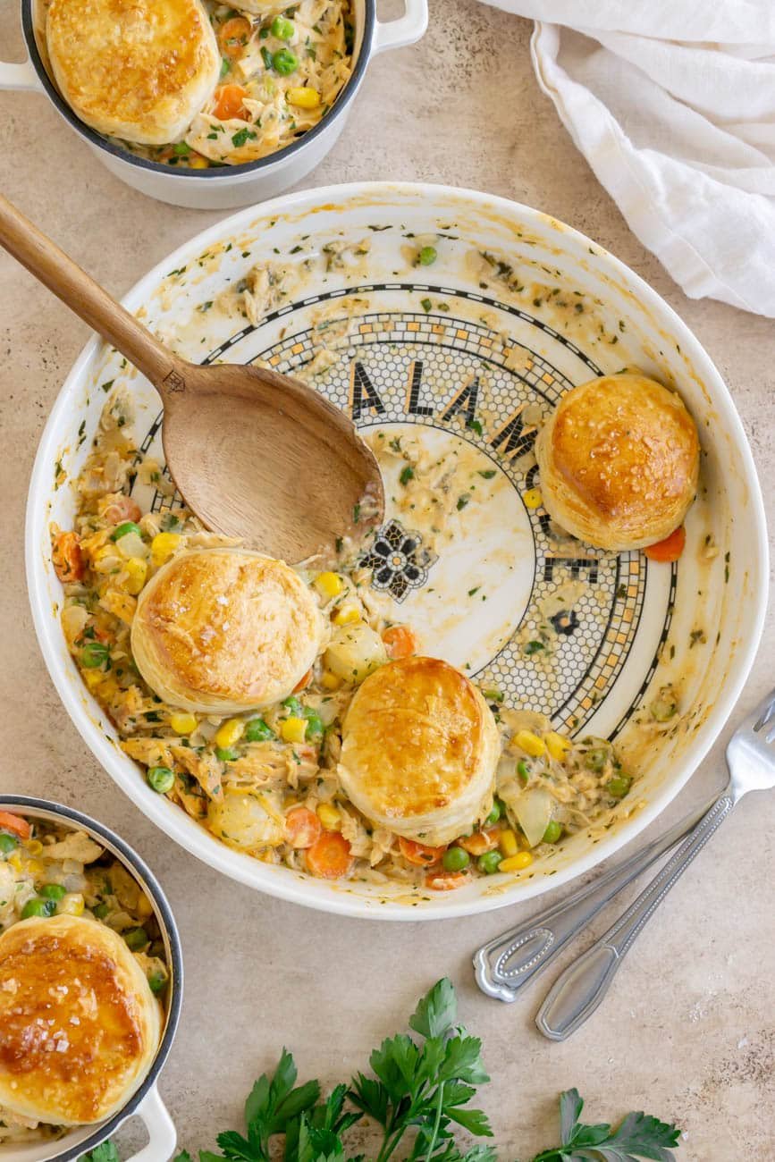 Turkey pot pie leftovers in a pie dish.