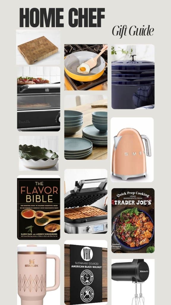home chef gifts - tea kettle, cutting board, cookbooks, stanley cup