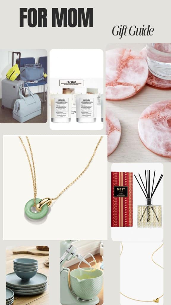 holiday gifts for mom - necklace, coasters, diffuser, dinner plates