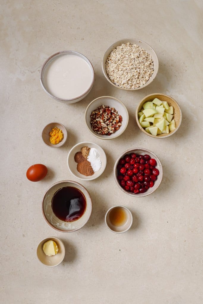 rolled oats, cranberries, apples, spices, vanilla extract, and milk in small ingredient bowls