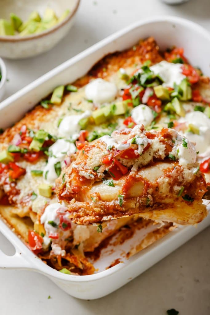 serving leftover turkey enchiladas from the baking dish