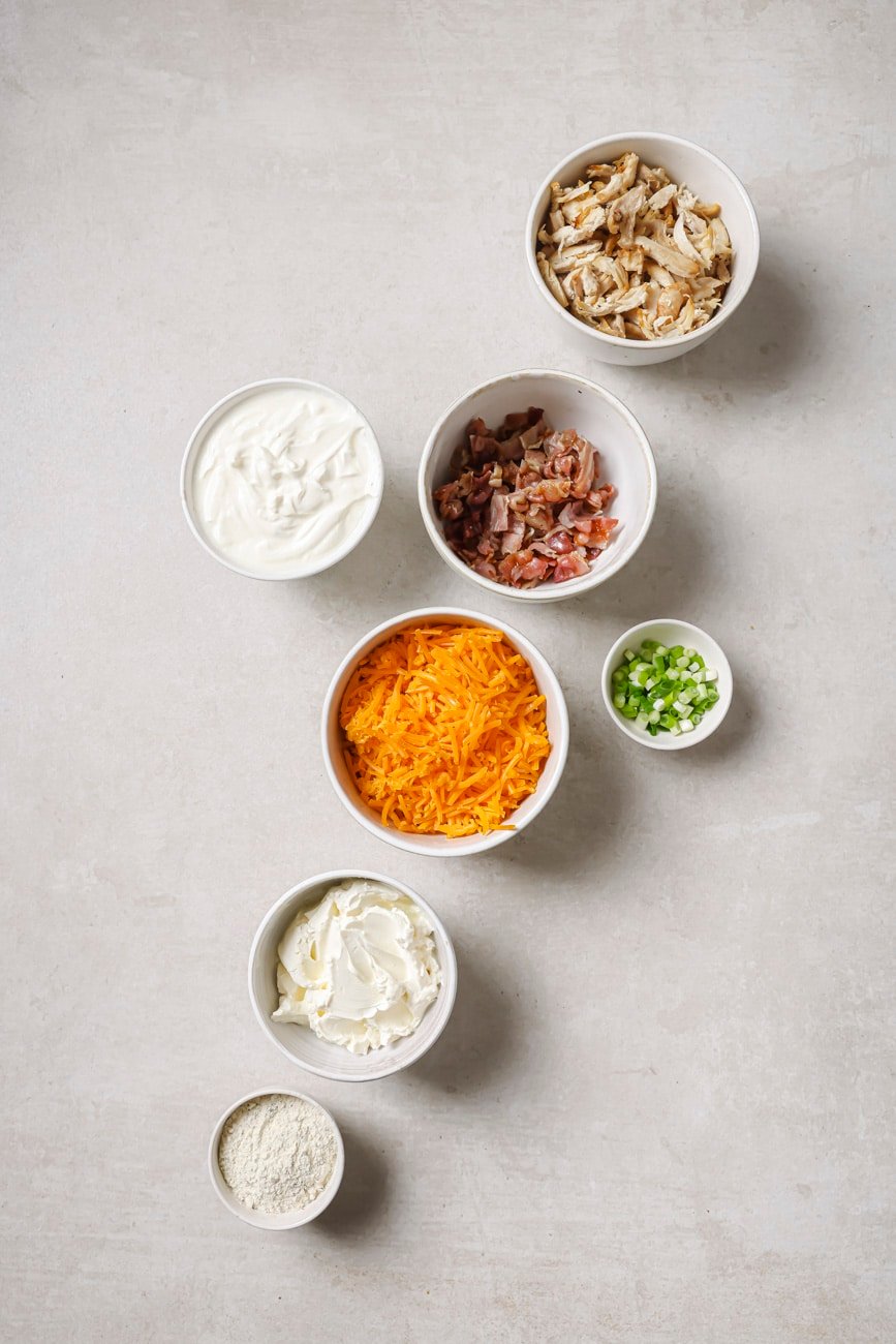 shredded cheese, crumbled bacon, green onion, chicken, and sour cream in small ingredient bowls