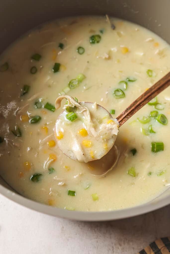 chicken corn soup in a pot with a ladle