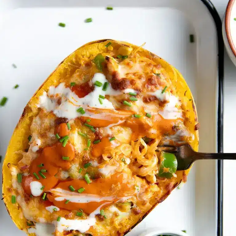 Overhead view of half a spaghetti squash filled with cheesy buffalo chicken.