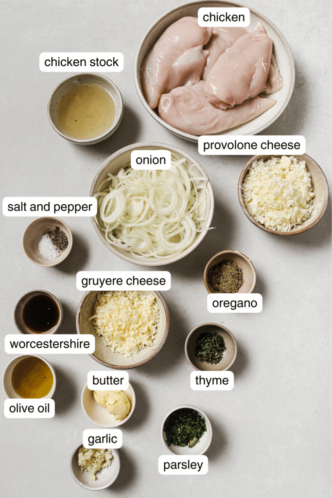 chicken, broth, shredded cheese, onions, olive oil, butter, and herbs in small ingredient bowls