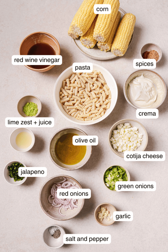 labeled ingredients for mexican street corn pasta salad