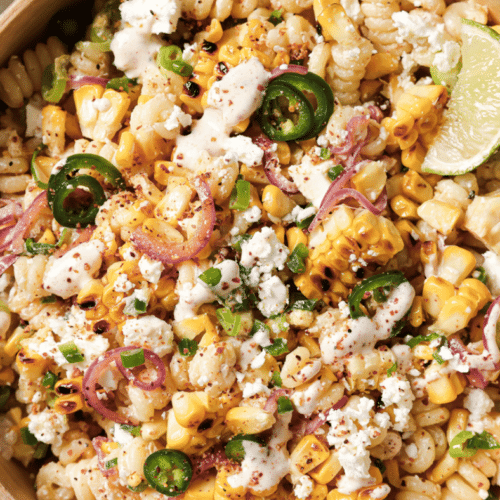 mexican street corn pasta salad in a bowl with a lime wedge