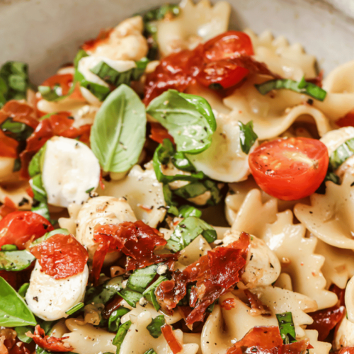 Close up of caprese pasta salad