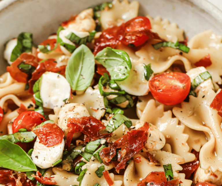 Close up of caprese pasta salad