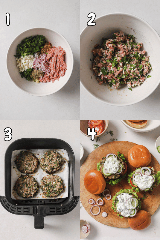 4-photo collage showing how to make air fryer burgers.