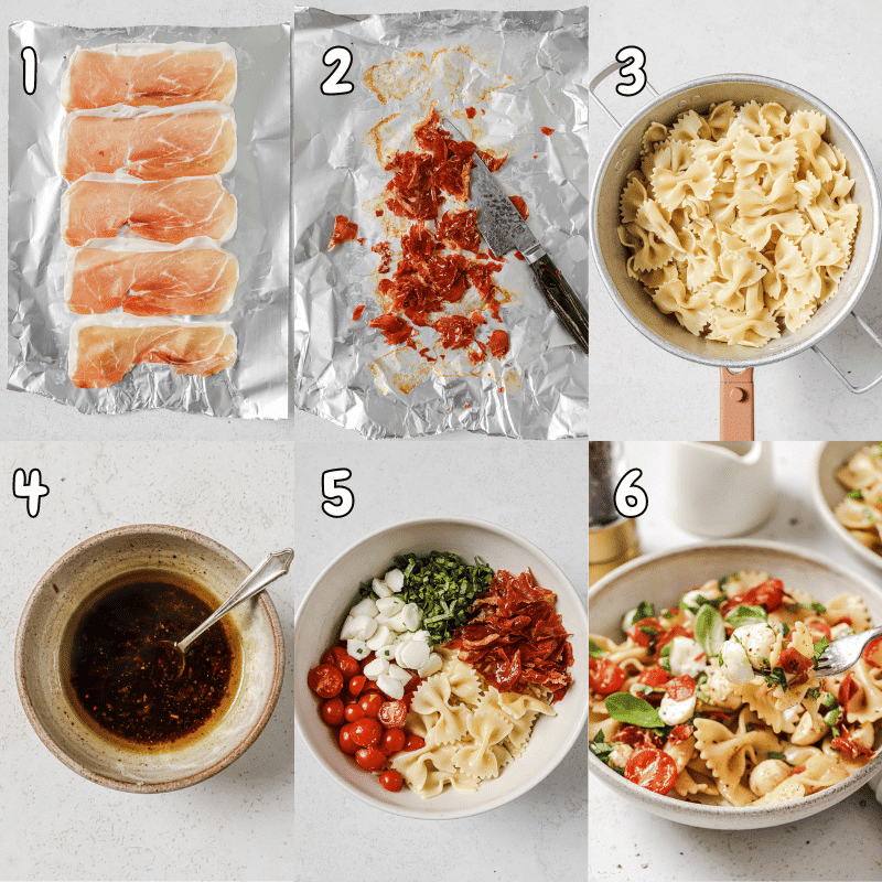 6-image collage showing how to make caprese pasta salad.