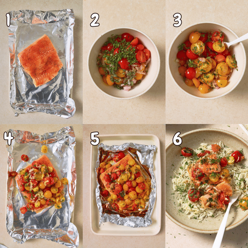 6-photo collage showing how to make foil baked salmon.