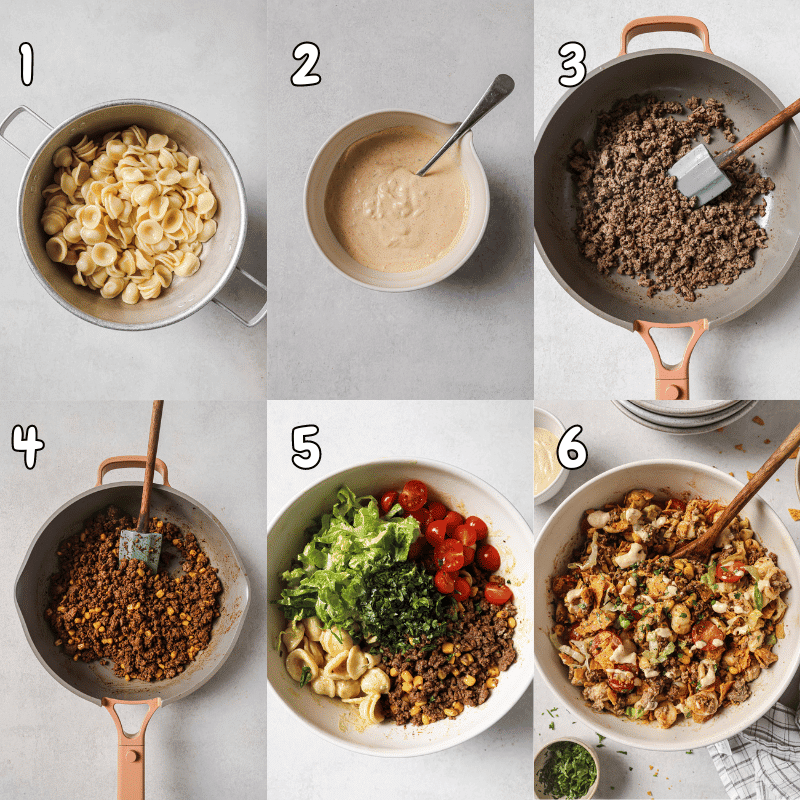 6-photo collage showing how to make taco pasta salad.