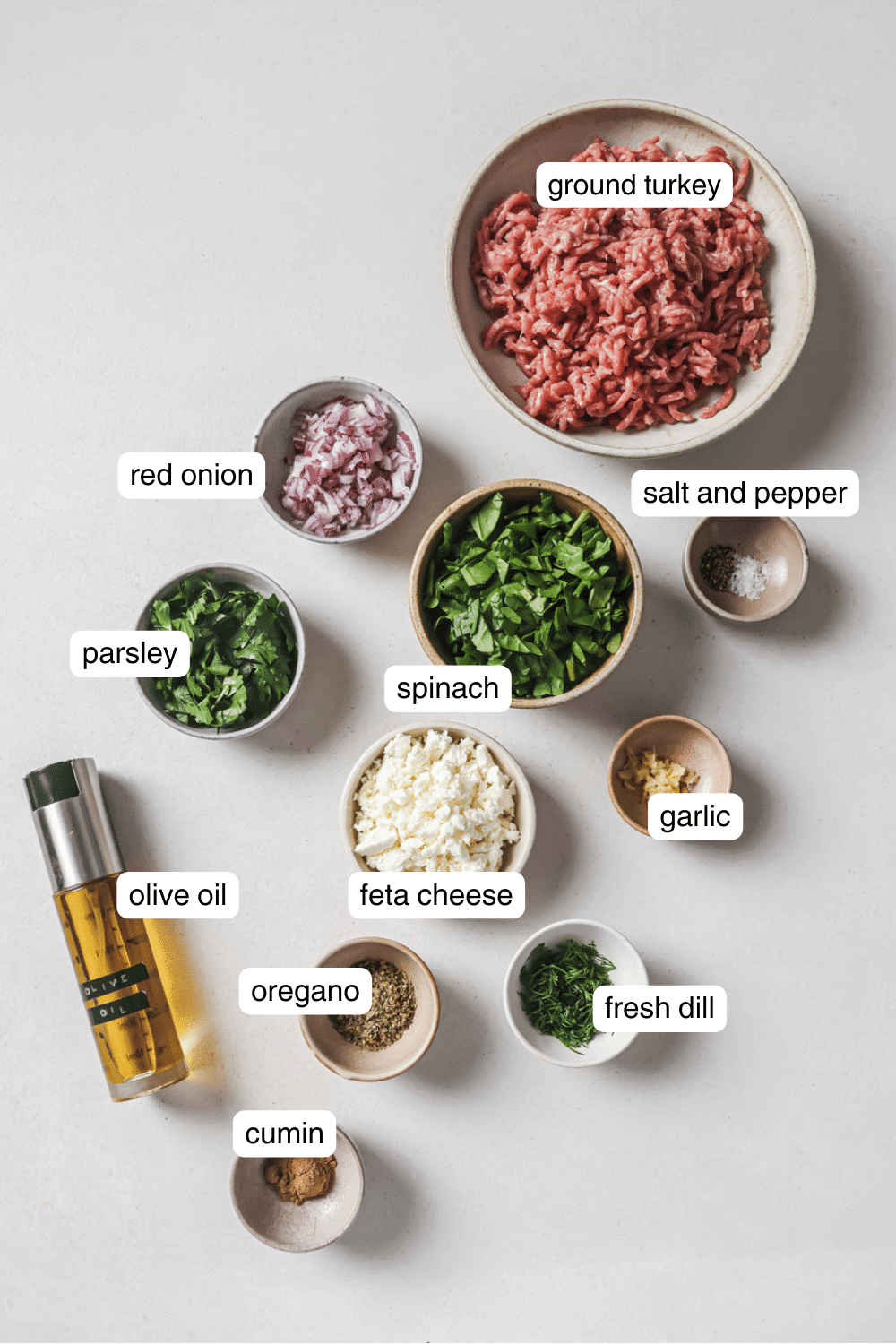 Labeled ingredients for air fryer turkey burgers.