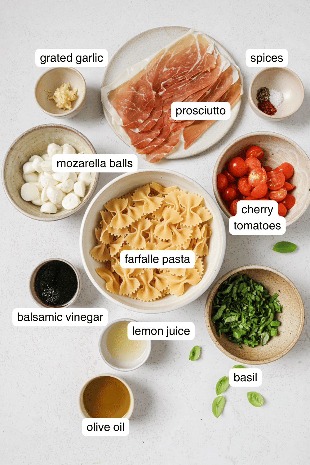Labeled ingredients for caprese pasta salad.