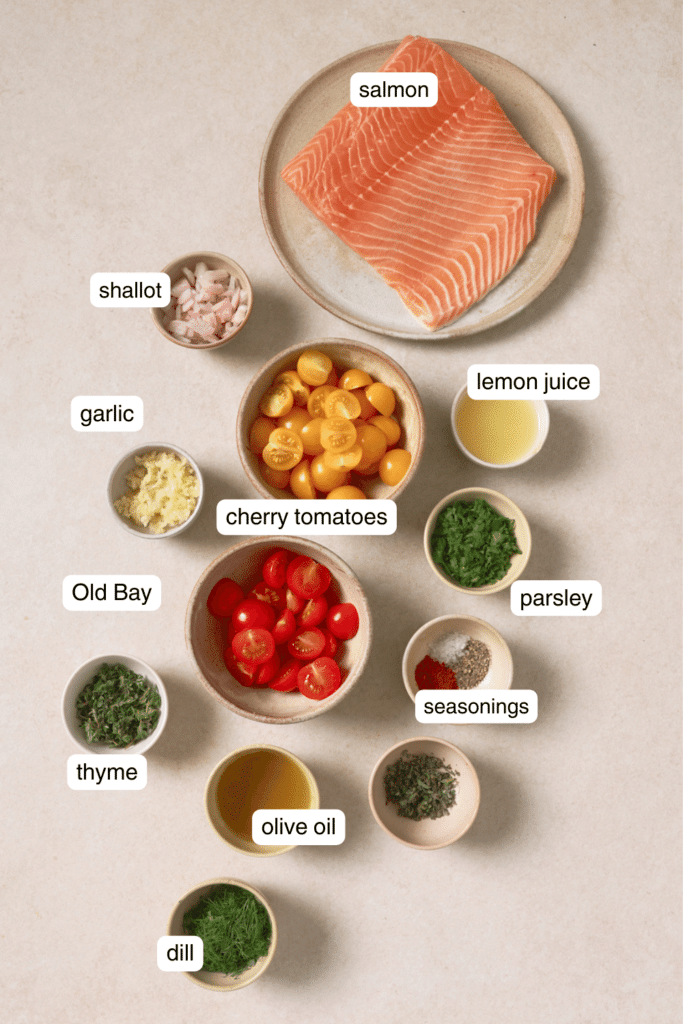 Labeled ingredients for foil baked salmon.
