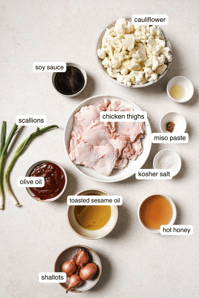 Labeled ingredients for sheet pans gochujang chicken thighs.