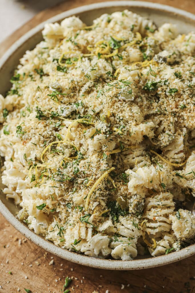 Dill Pickle Pasta Salad in a bowl.