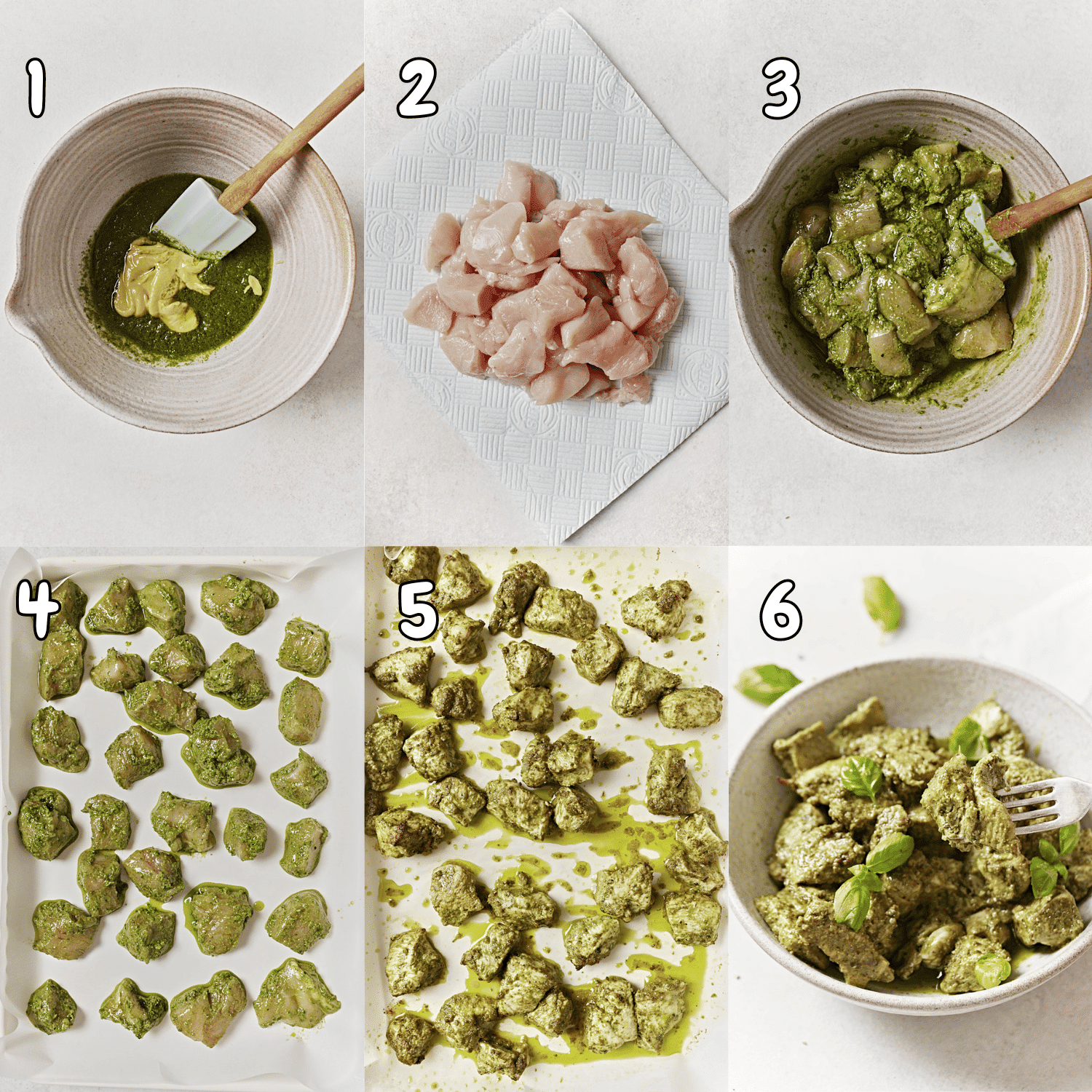 6-step collage showing how to make basil pesto chicken.