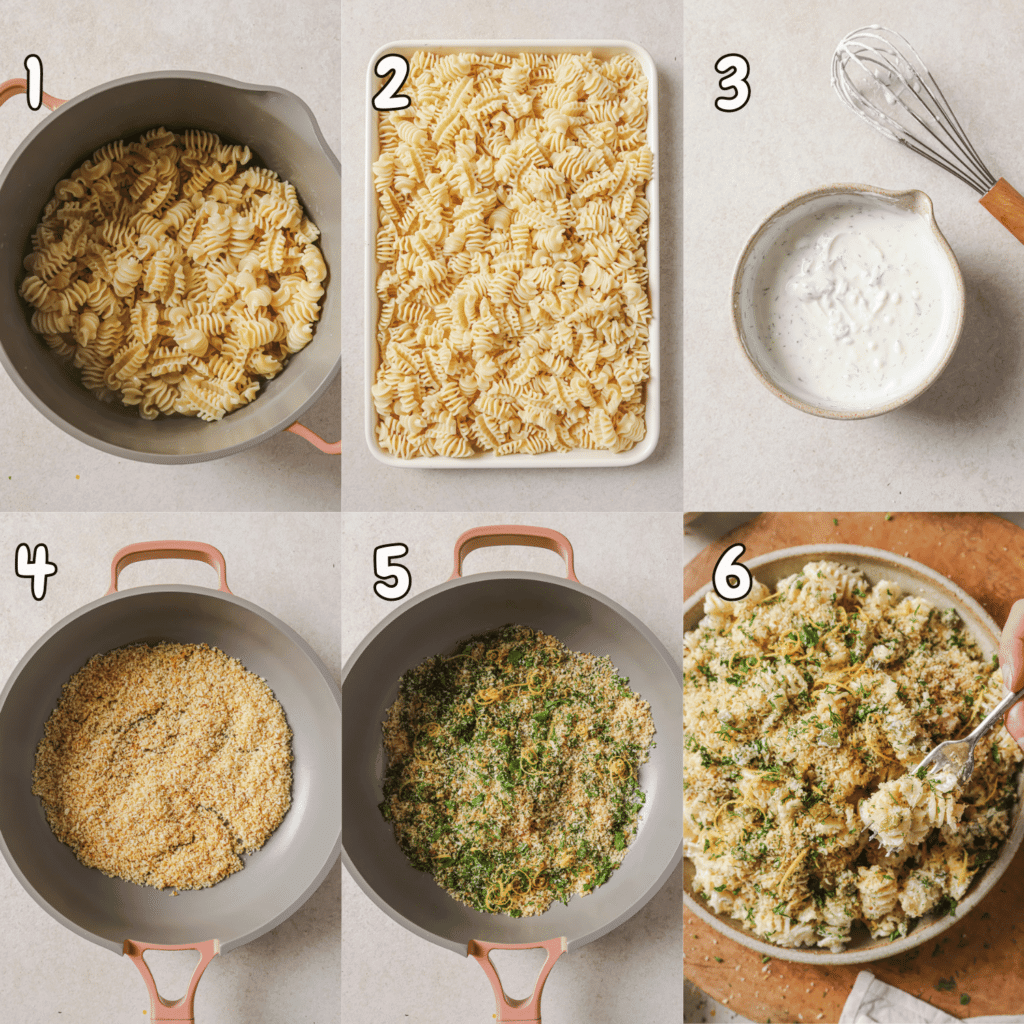 6 step collage showing how to make dill pickle pasta salad.