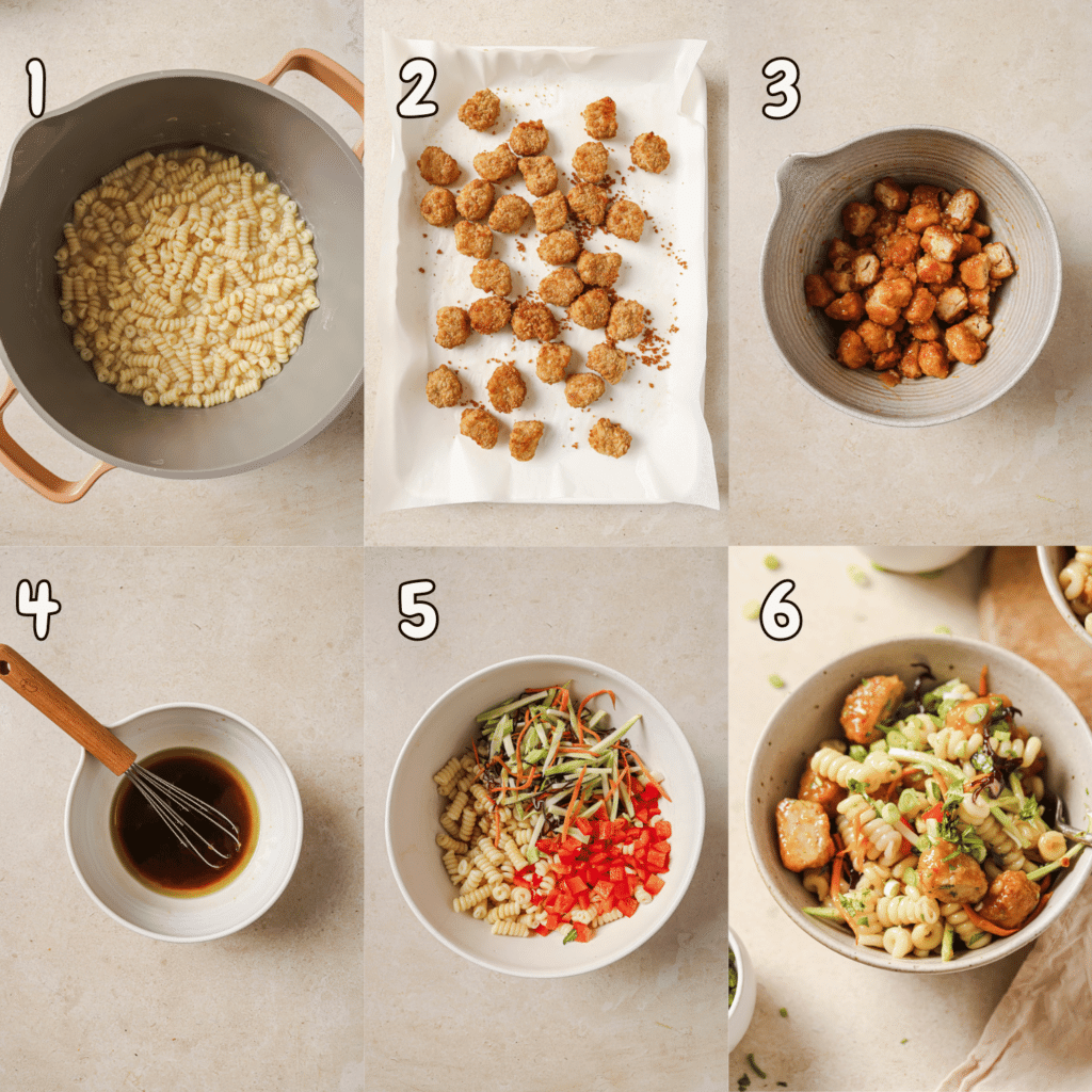 6 step collage showing how to make Asian pasta salad.