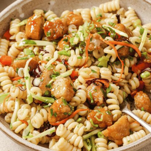 Close up view of orange chicken pasta salad.