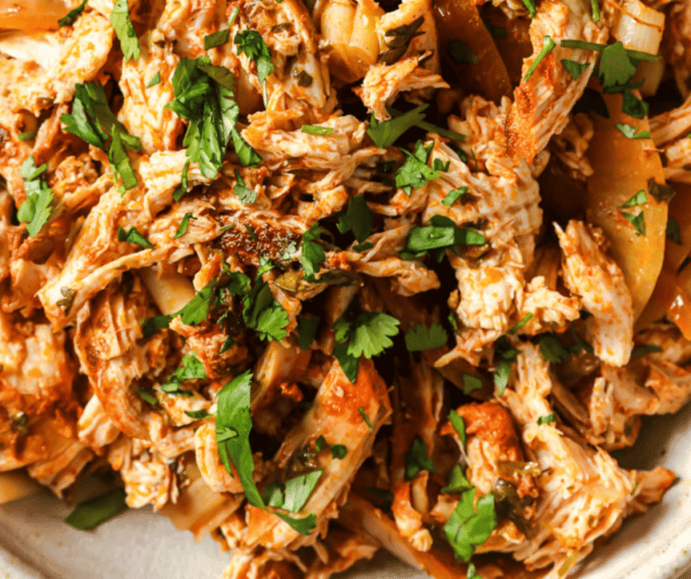 Close up of chili lime slow cooker shredded chicken.