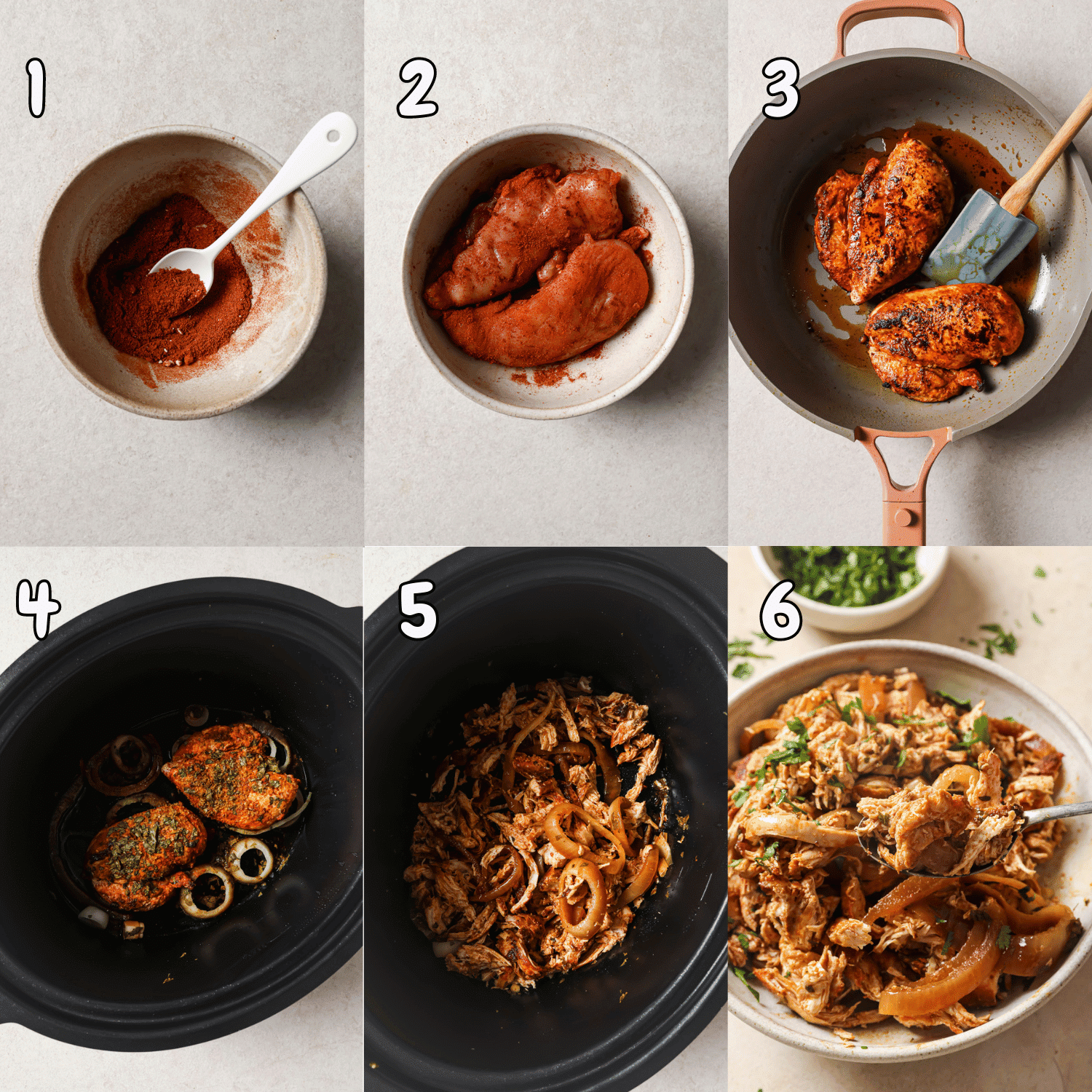 6-step collage showing how to make chili lime chicken in the slow cooker.
