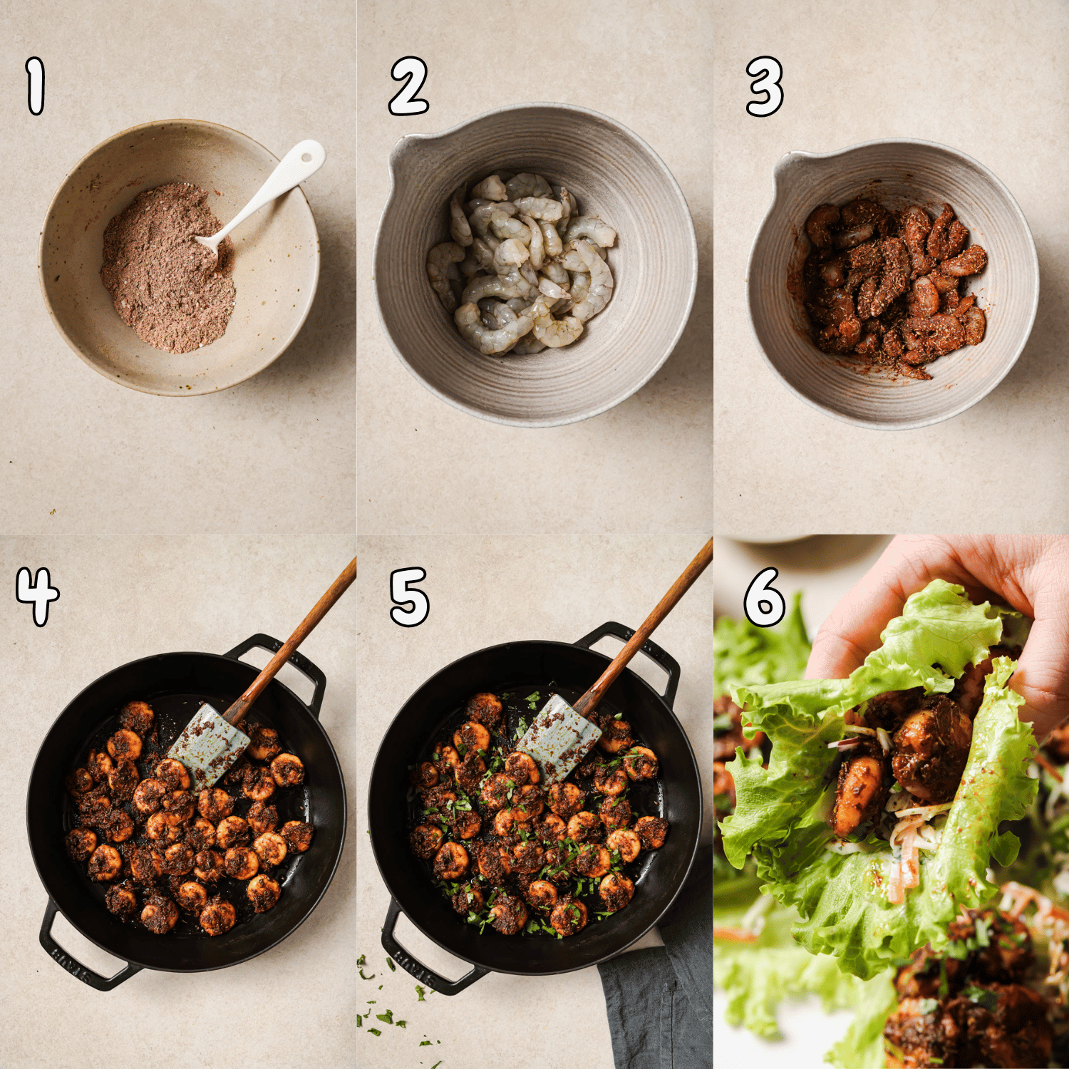 6-step collage showing how to make blackened shrimp.