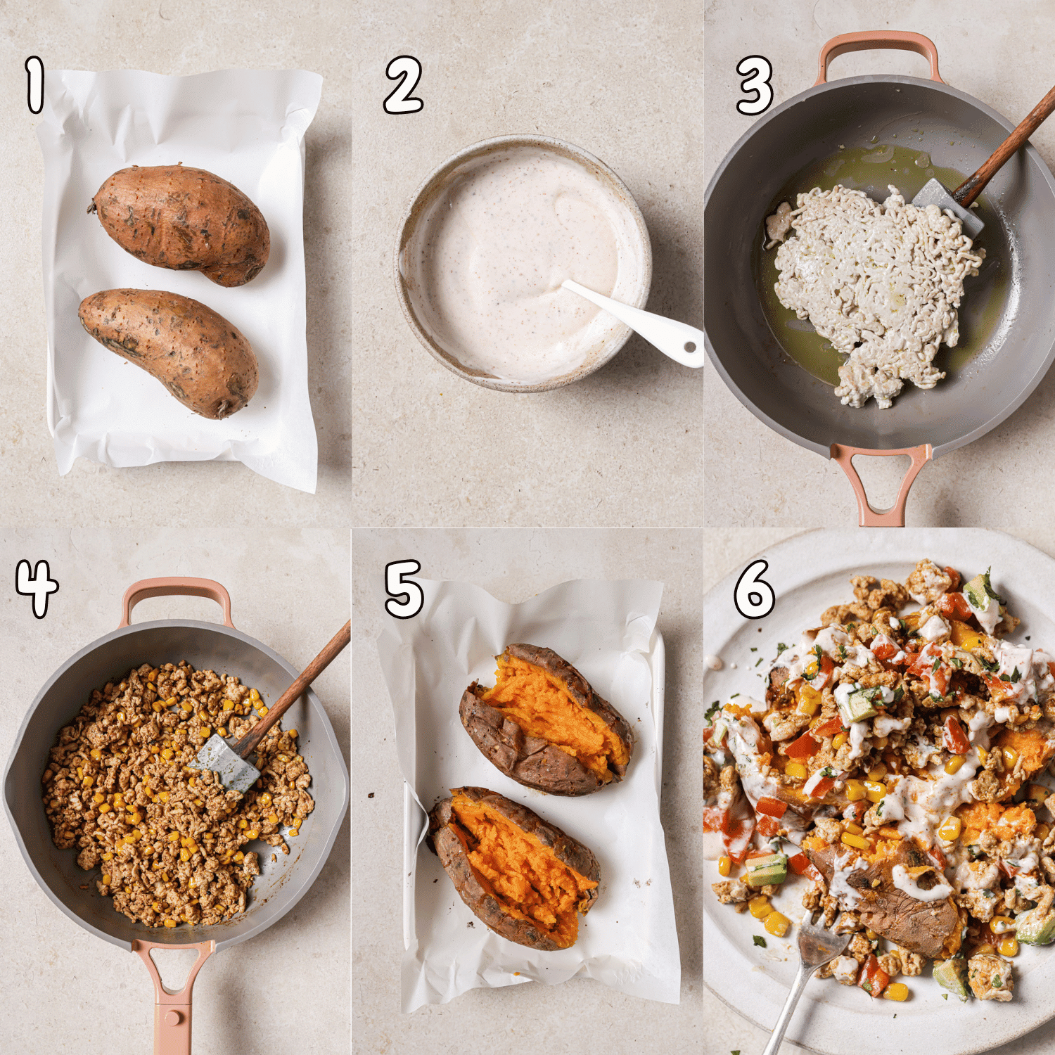 6-step collage showing how to make taco stuffed sweet potatoes.