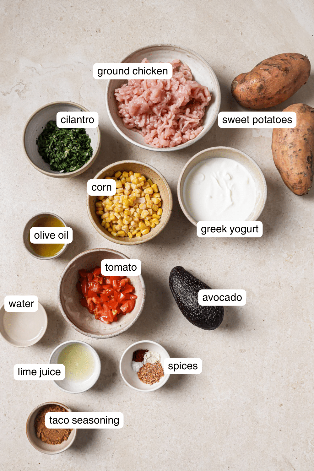 Labeled ingredients for taco stuffed sweet potatoes.