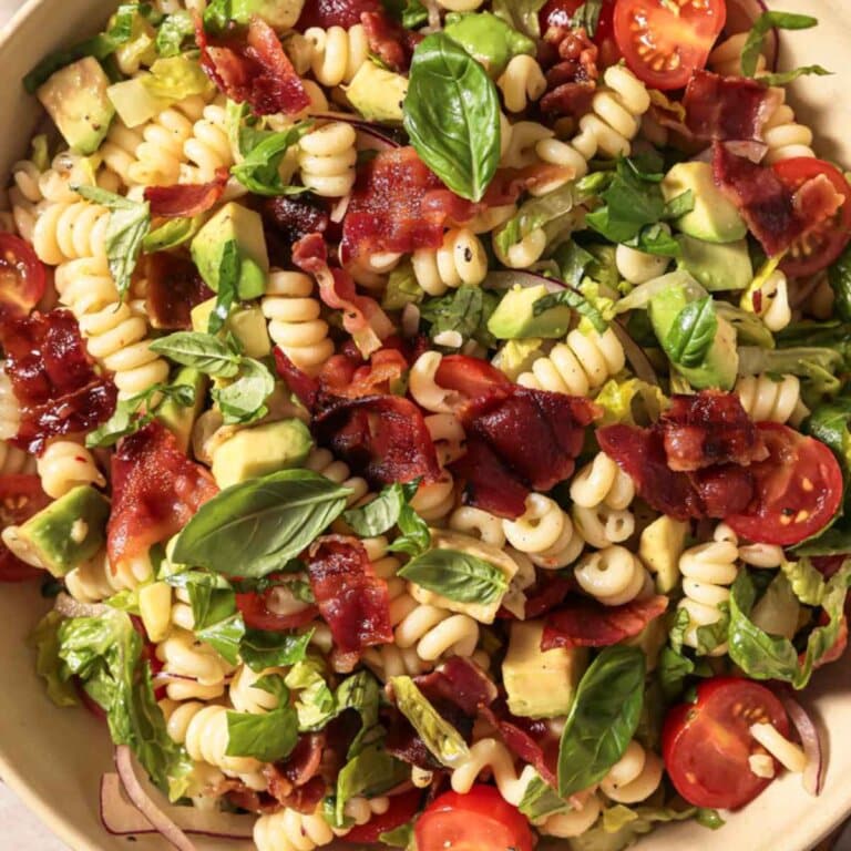 Close up of BLT pasta salad.