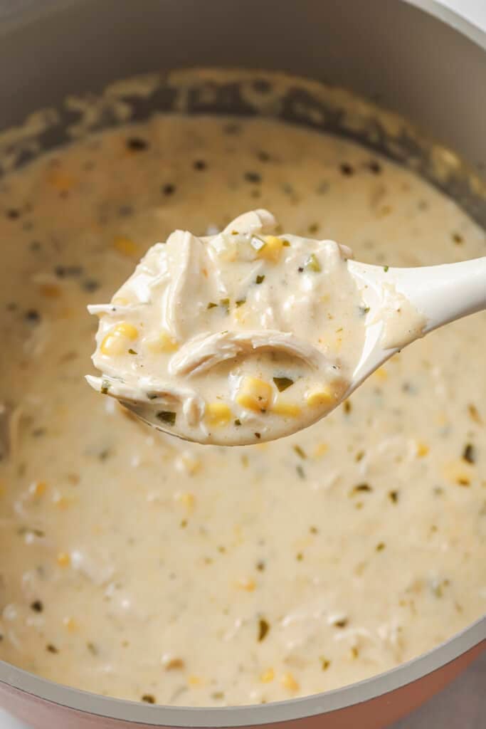 Taking a scoop of white chicken chili from a pot.