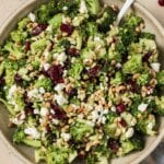 Close up of vegan broccoli salad in a bowl.